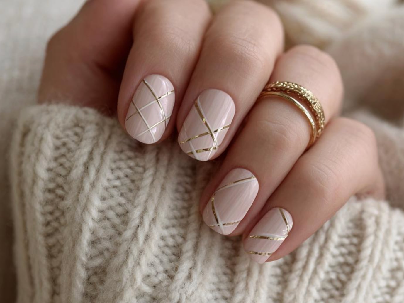 Pale Pink Gold Stripe Short Oval Nails Pale Pink Gold Stripe Short Oval Nails — Simple Luxury Nails