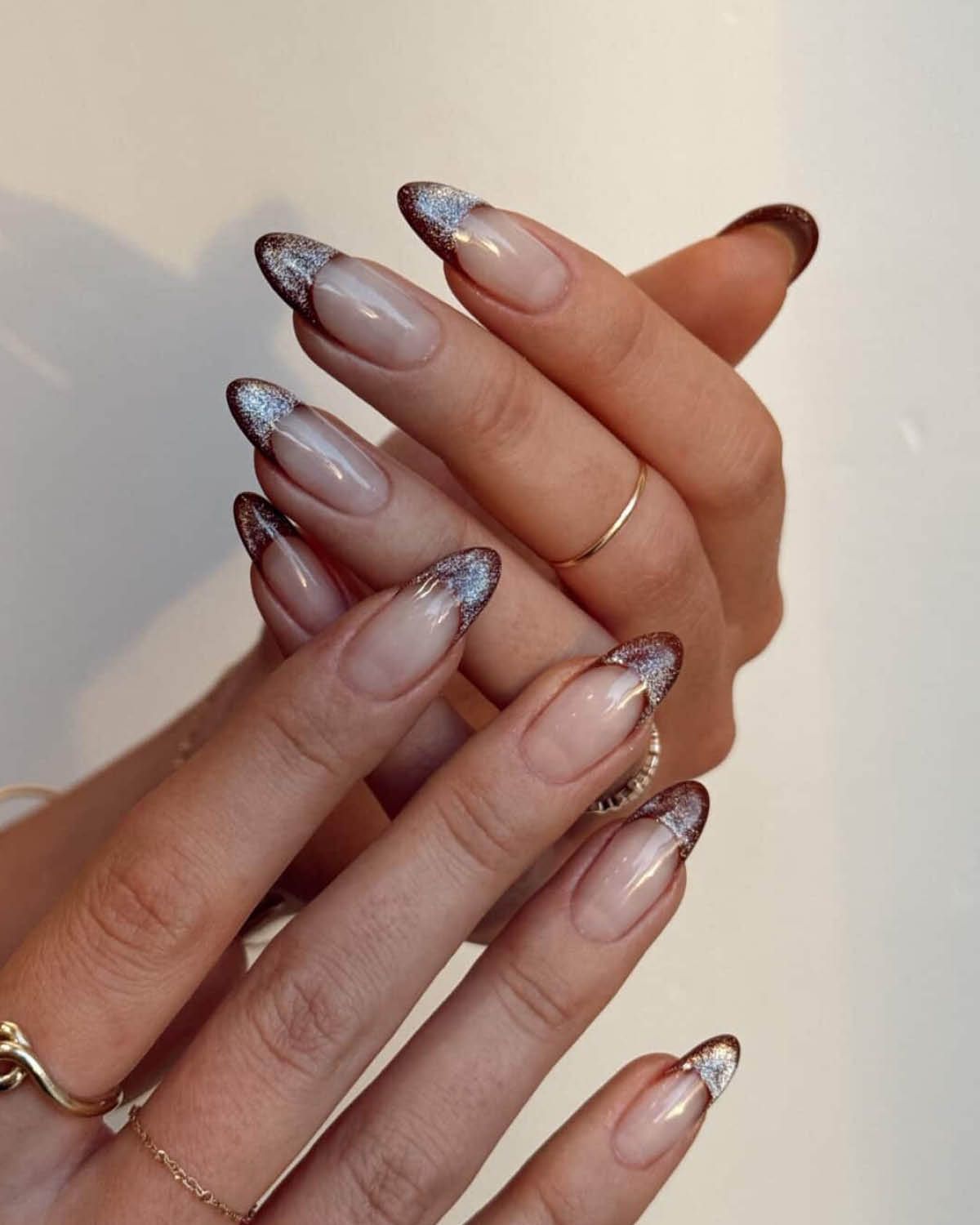 Sheer Nude Metallic French Tip Long Stiletto Nails Sheer Nude Metallic French Tip Long Stiletto Nails — Simple Luxury Nails