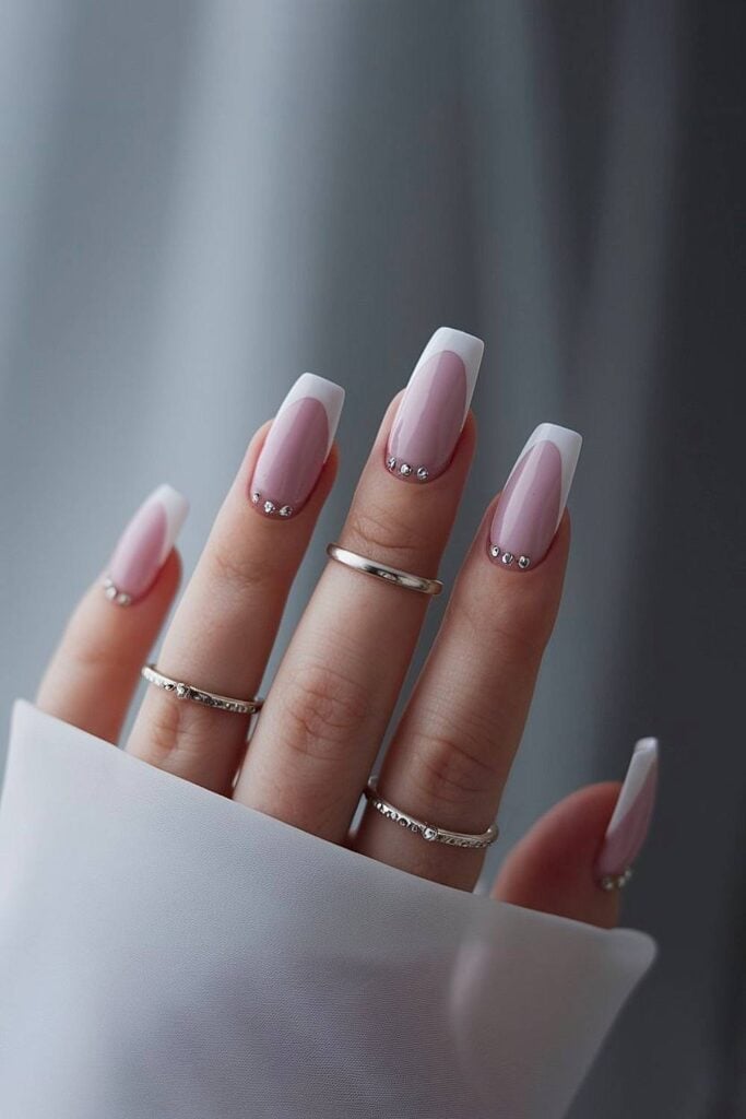 Nude French Tip Rhinestone Accent Long Square Nails Nude French Tip Rhinestone Accent Long Square Nails — Simple Luxury Nails