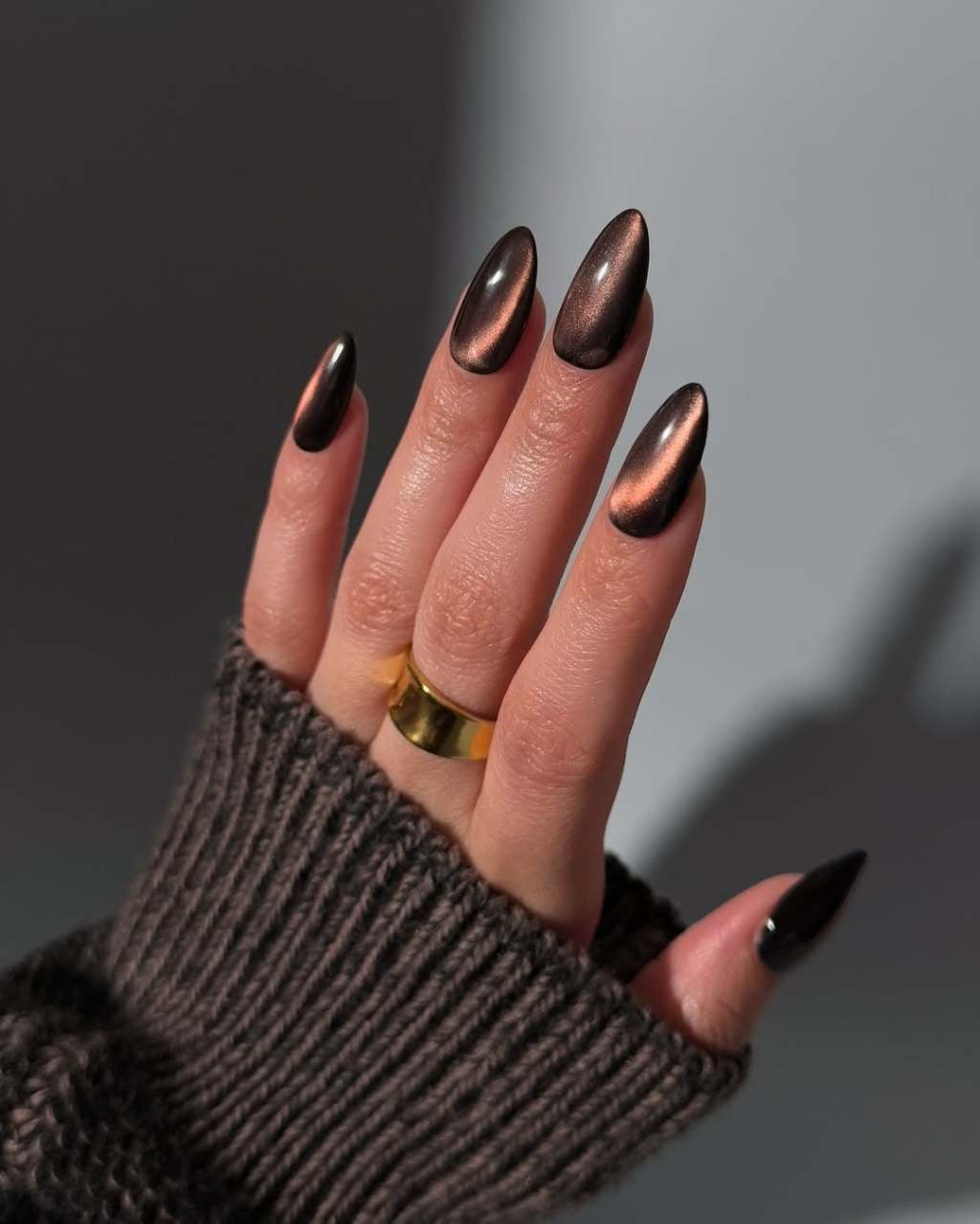 Deep Brown Copper Cat-Eye Long Almond Nails Deep Brown Copper Cat-Eye Long Almond Nails — Simple Magnetic Nails