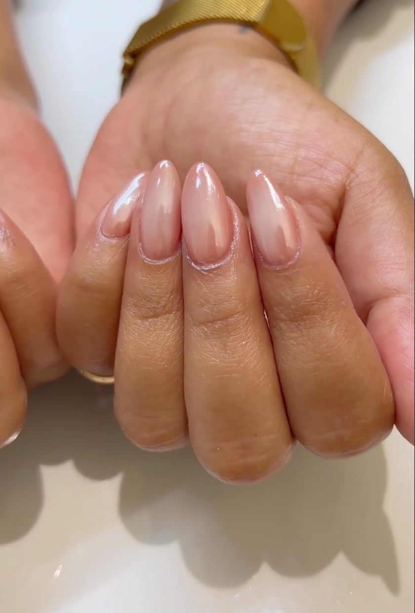 Sheer Nude Pearlescent Shimmer Medium Almond Nails Sheer Nude Pearlescent Shimmer Medium Almond Nails — Simple Magnetic Nails
