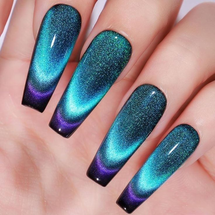 Deep Blue Teal Purple Cat-Eye Glitter Long Coffin Nails Deep Blue Teal Purple Cat-Eye Glitter Long Coffin Nails — Simple Magnetic Nails