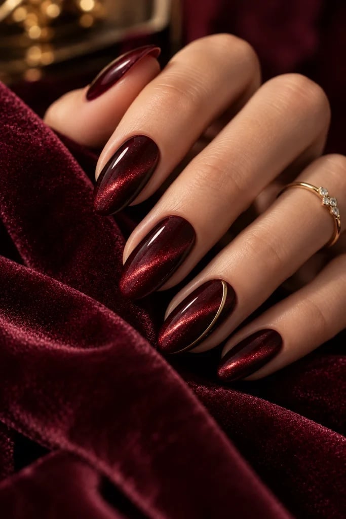 Deep Burgundy Red Shimmer Cat-Eye Short Almond Nails, Close-Up Take Deep Burgundy Red Shimmer Cat-Eye Short Almond Nails, Close-Up Take — Simple Magnetic Nails