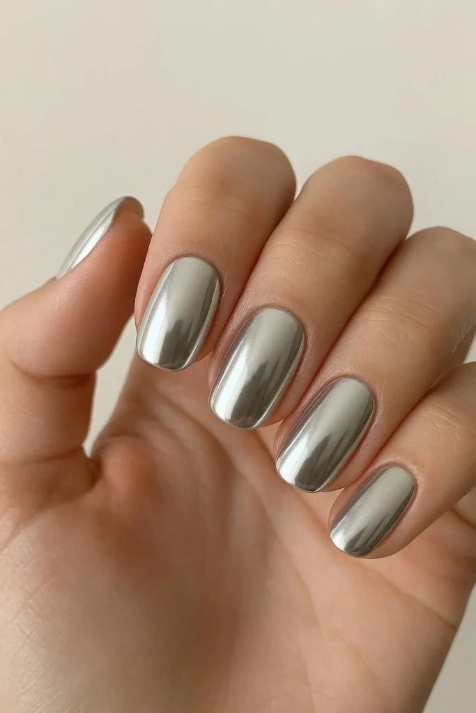 Mirror Silver Chrome Short Oval Nails Mirror Silver Chrome Short Oval Nails — Simple Metallic Nails