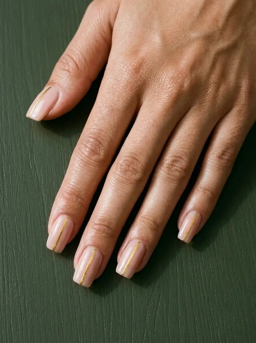 Short Square With Vertical Gold Lines Short Square With Vertical Gold Lines — Simple Metallic Nails