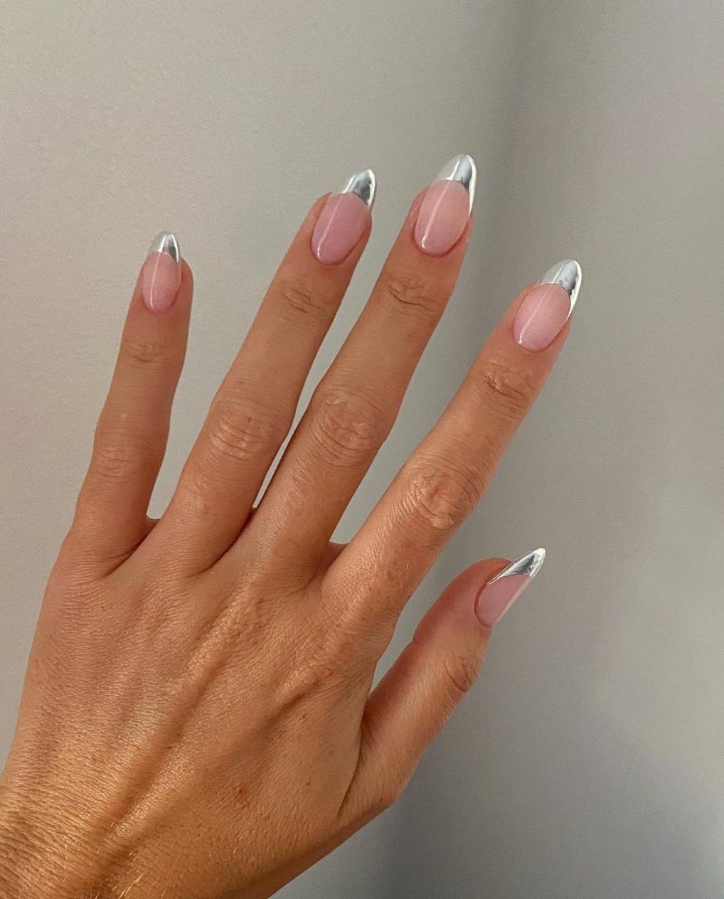 Sheer Pink With Silver Metallic French Tips Sheer Pink With Silver Metallic French Tips — Simple Metallic Nails