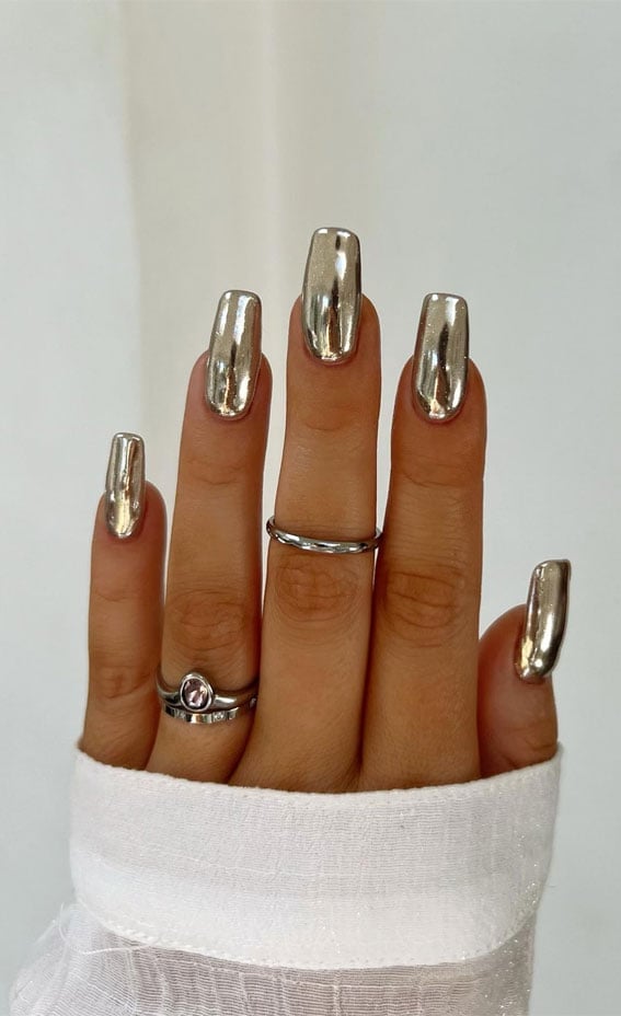 Brilliant Silver Chrome Long Square Nails Brilliant Silver Chrome Long Square Nails — Simple Metallic Nails