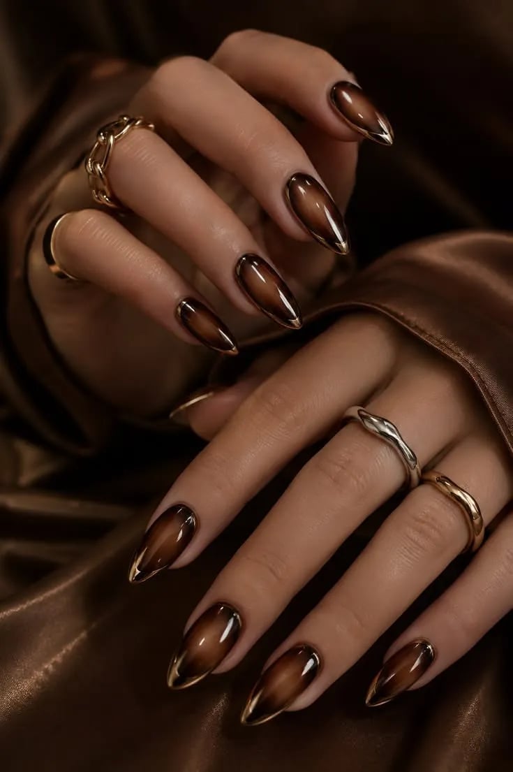 Brown Ombre With Gold Metallic Tips Brown Ombre With Gold Metallic Tips — Simple Metallic Nails