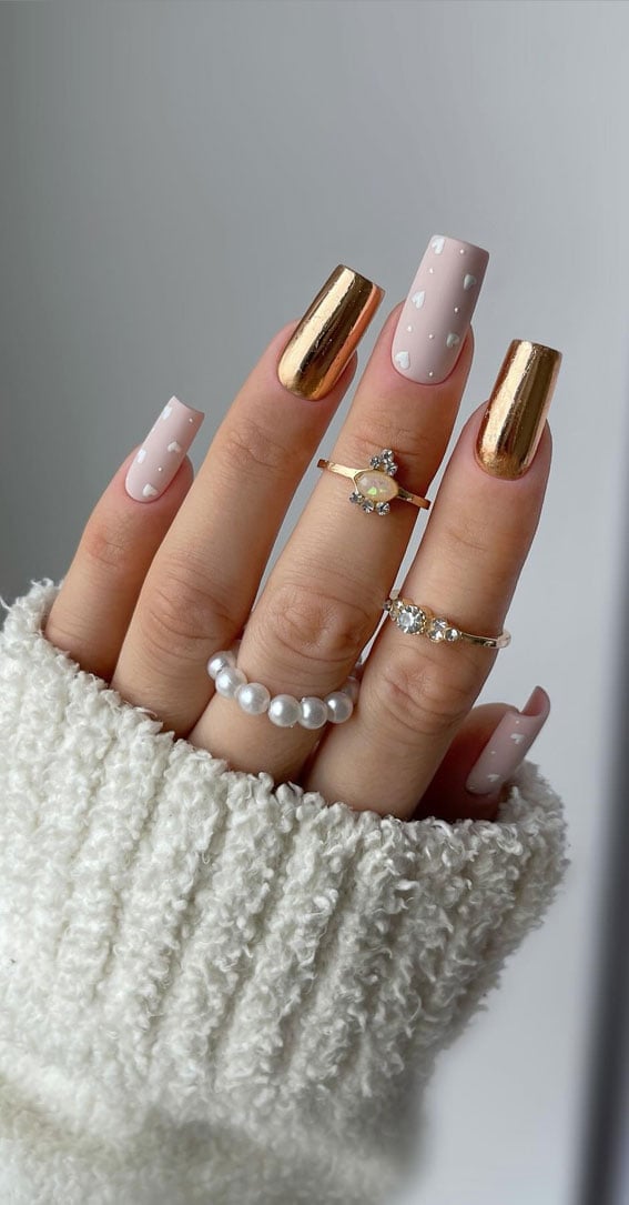 Gold Chrome With Matte Pink Heart Nails Gold Chrome With Matte Pink Heart Nails — Simple Metallic Nails