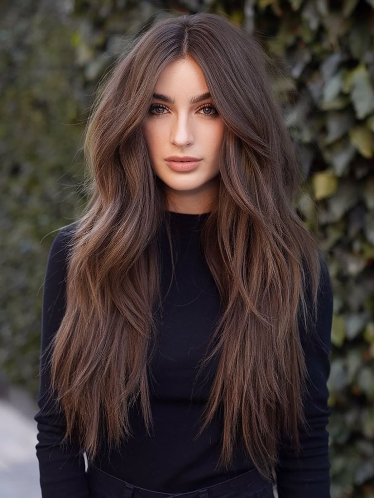 Mid-Back Length Hair With Voluminous Layers And Curtain Bangs Mid-Back Length Hair With Voluminous Layers And Curtain Bangs — Simple Middle Part Hair