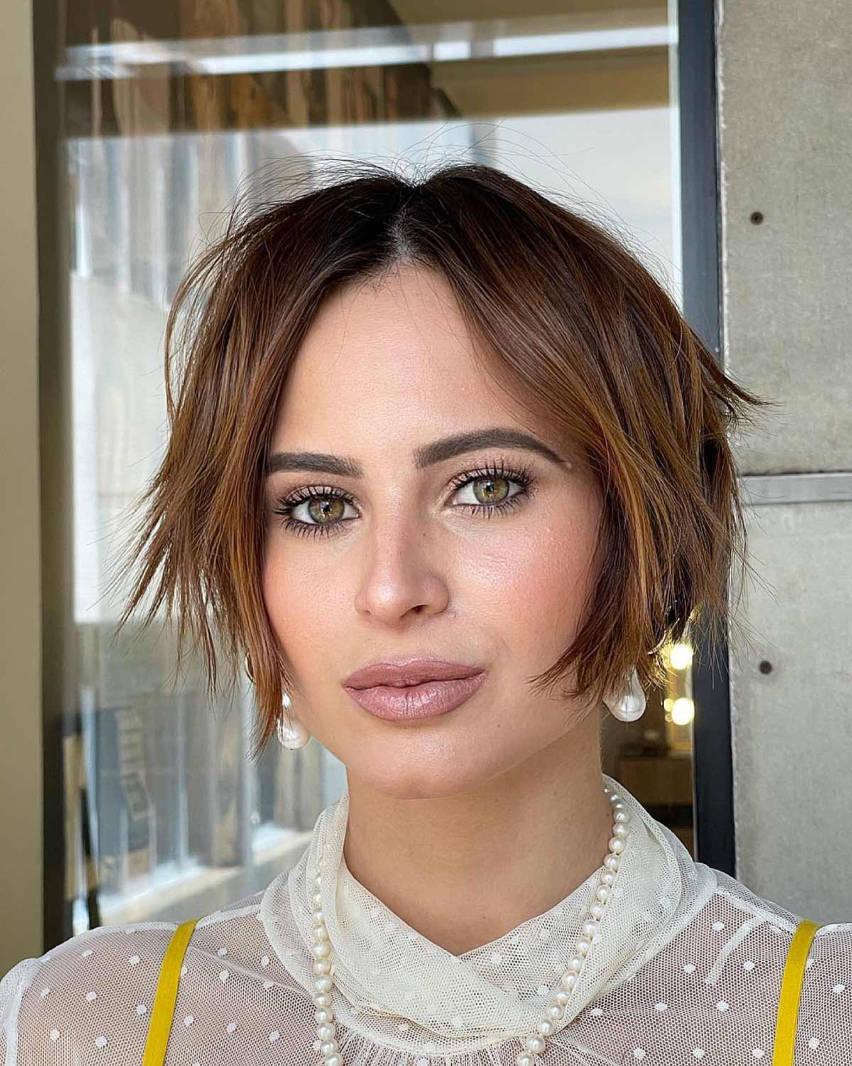 Textured Chin Length Bob With Curtain Bangs Textured Chin Length Bob With Curtain Bangs — Simple Middle Part Hair