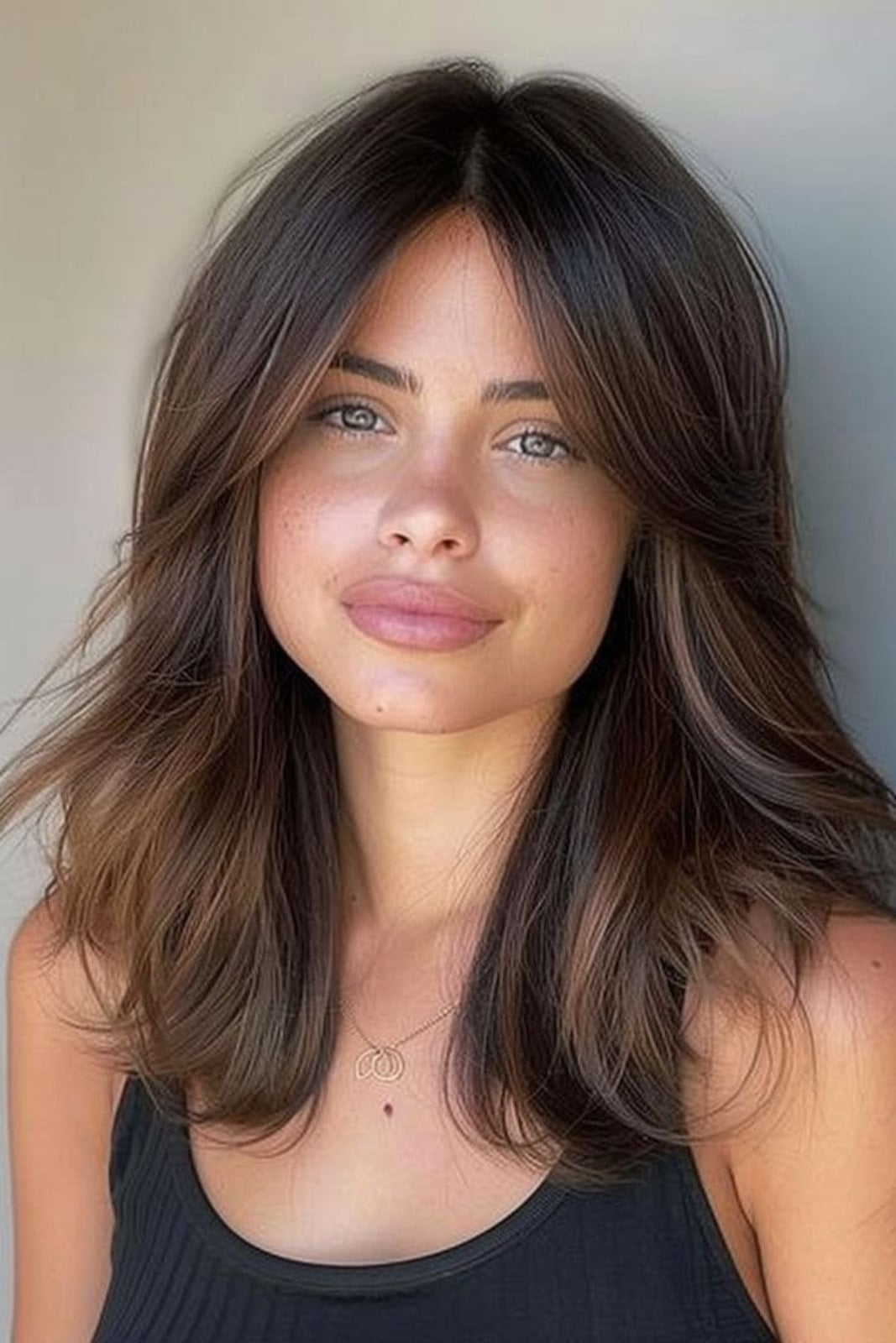 Shoulder Length Layers With Dark Brown And Blonde Highlights Shoulder Length Layers With Dark Brown And Blonde Highlights — Simple Middle Part Hair