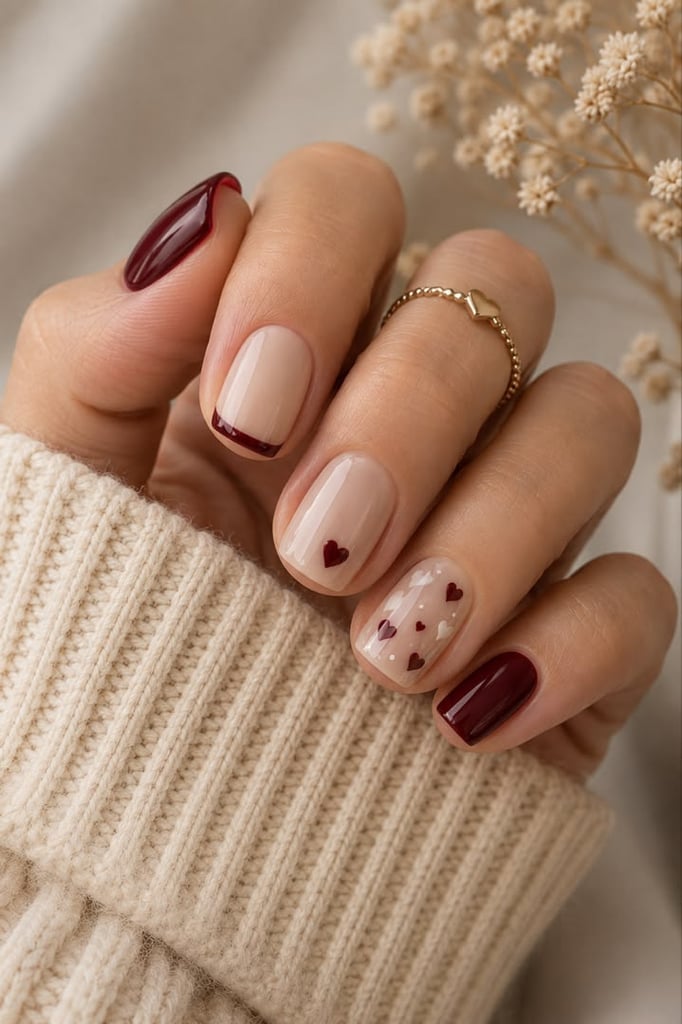 Sheer Nude With Deep Burgundy Accents Sheer Nude With Deep Burgundy Accents — Simple Minimalist Nails