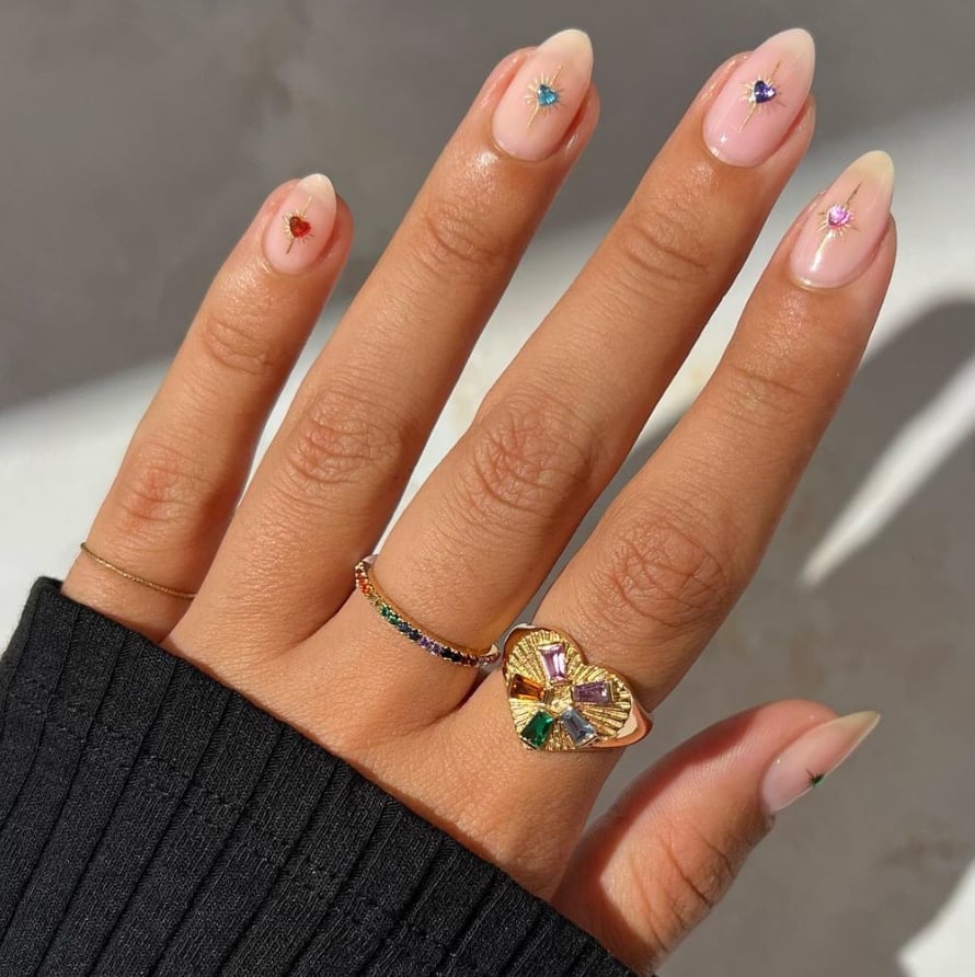 Medium Almond With Tiny Colorful Gem Accents Medium Almond With Tiny Colorful Gem Accents — Simple Minimalist Nails