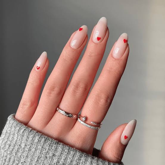 Medium Almond With Scattered Red Hearts Medium Almond With Scattered Red Hearts — Simple Minimalist Nails