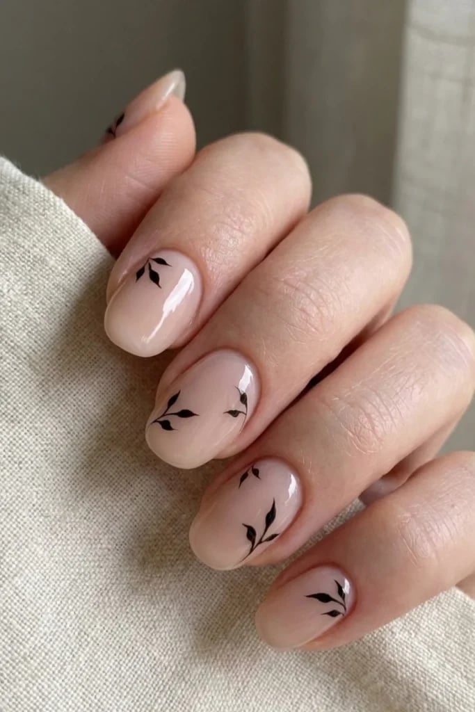 Medium Oval With Delicate Black Branch Art Medium Oval With Delicate Black Branch Art — Simple Minimalist Nails