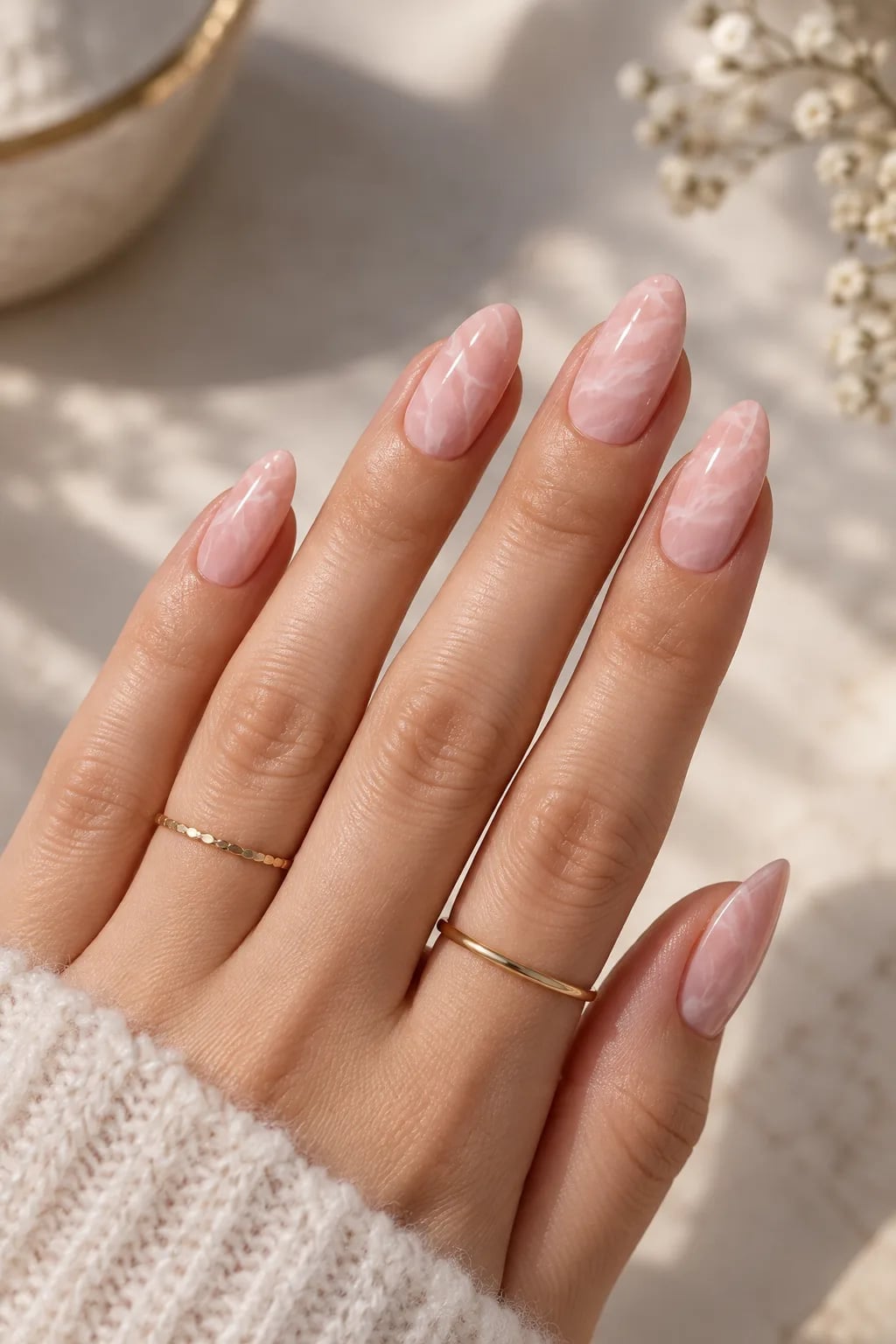 Medium Almond Pink And White Marble Pattern Medium Almond Pink And White Marble Pattern — Simple Minimalist Nails