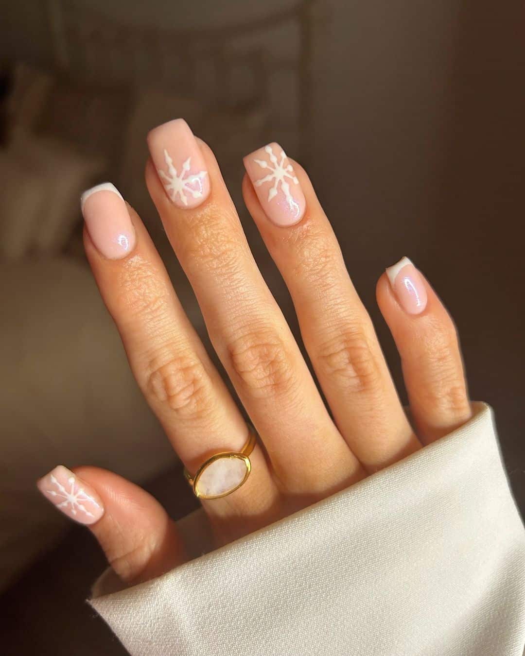 Short Square With White Snowflake Accents Short Square With White Snowflake Accents — Simple Minimalist Nails