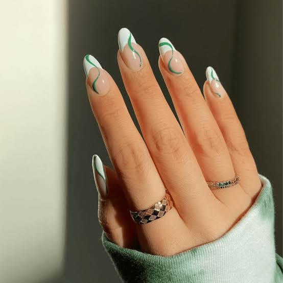 Almond French Tip With Green Swirls Almond French Tip With Green Swirls — Simple Minimalist Nails