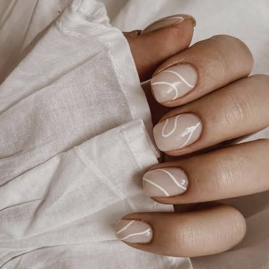 Sheer Nude With Abstract White Wavy Lines Sheer Nude With Abstract White Wavy Lines — Simple Minimalist Nails