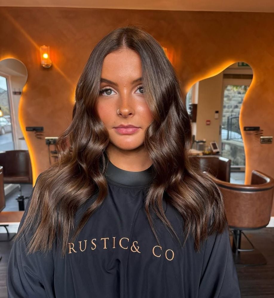 Mid-Back Layers With Curtain Bangs — Simple Mocha Brown Hair