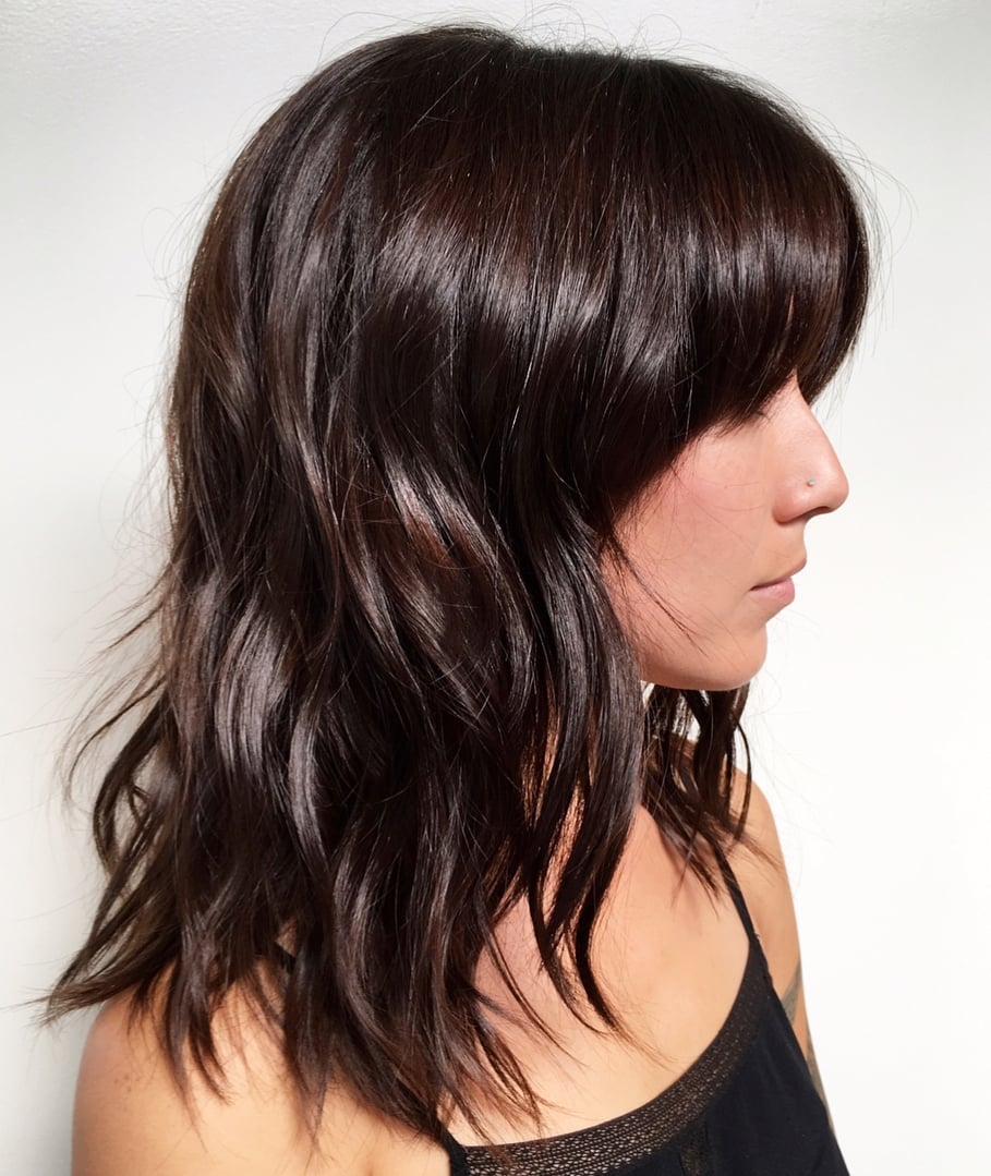 Collarbone Shag With Full Bangs — Simple Mocha Brown Hair