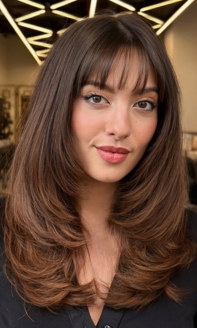 Collarbone Layers With Full Wispy Bangs — Simple Mocha Hair