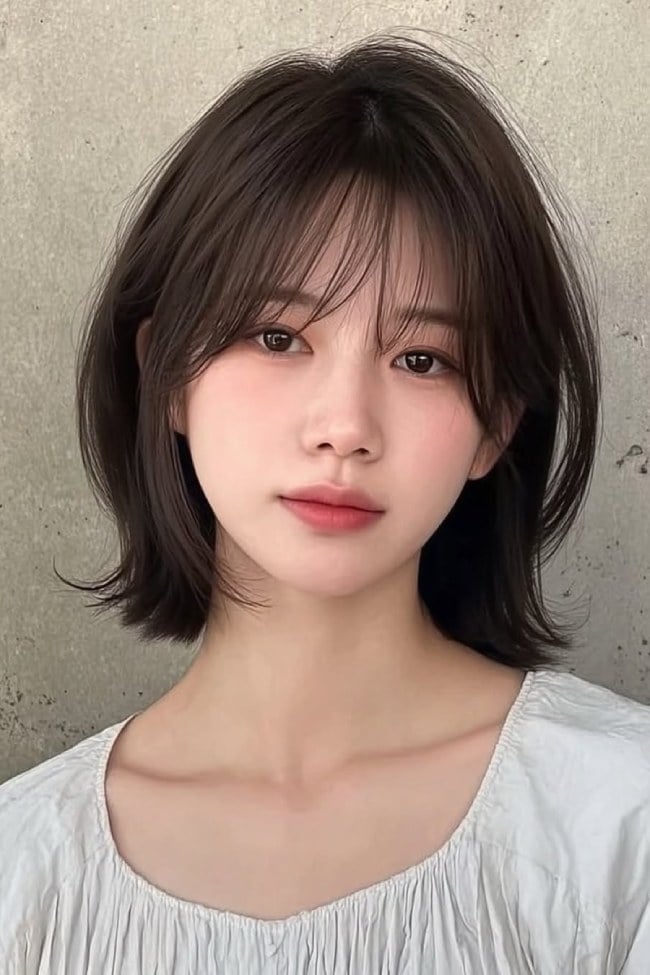 Chin Length Layered Bob With Soft Bangs — Simple Mocha Hair