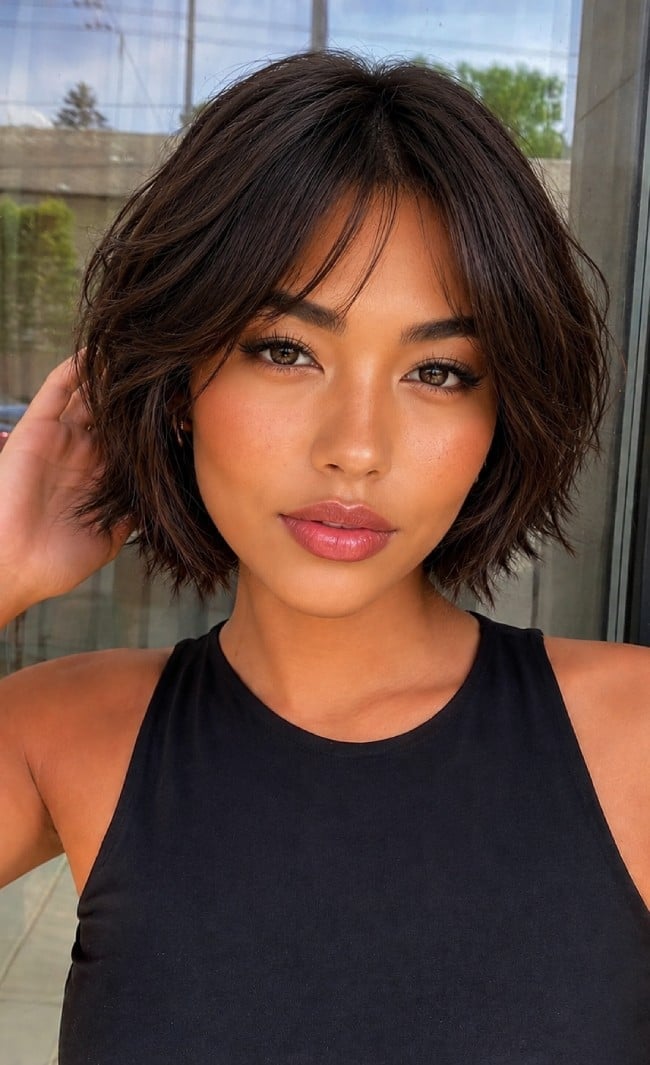 Textured Chin Bob With Wispy Bangs — Simple Mocha Hair