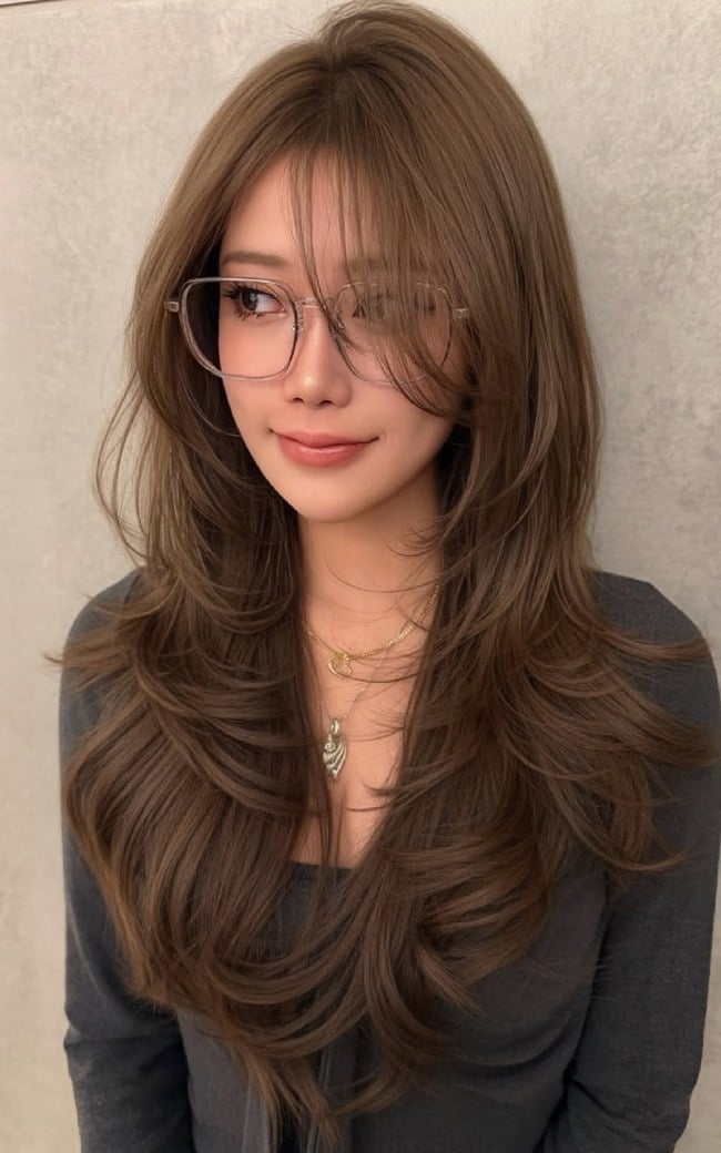 Mid-Back Layers With Wispy Fringe, Mocha Brown — Simple Mocha Hair
