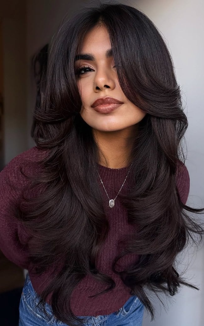 Voluminous Layers With Curtain Bangs — Simple Mocha Hair