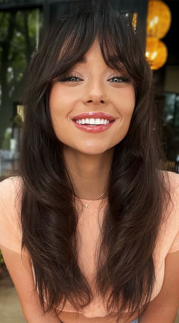 Simple Long Layers With Curtain Bangs, Mid-Back — Simple Mocha Hair