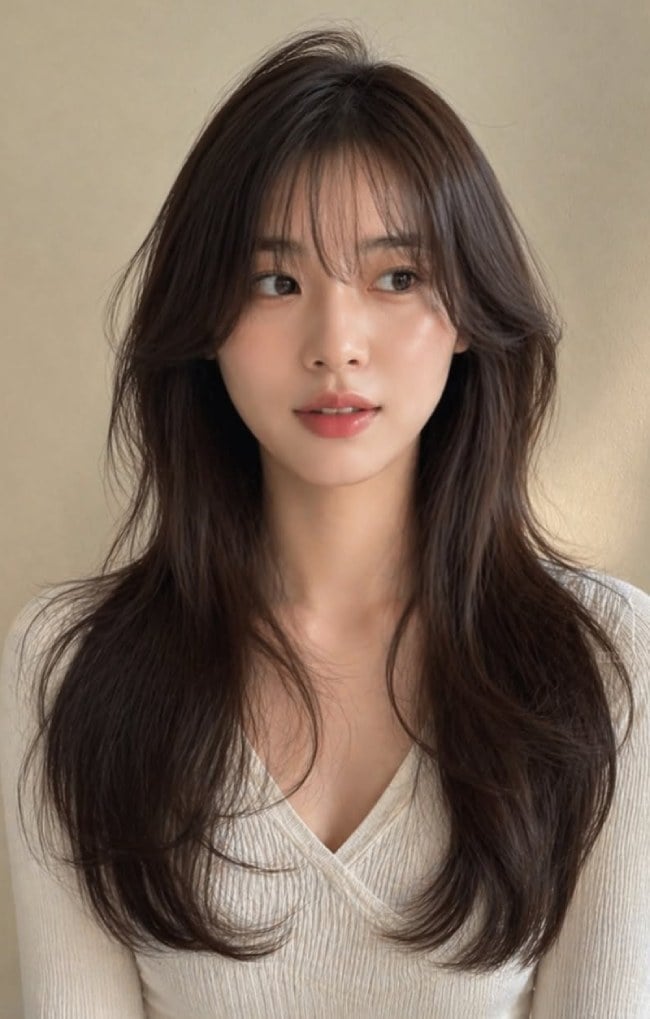 Mid-Back Layers With Wispy Bangs — Simple Mocha Hair