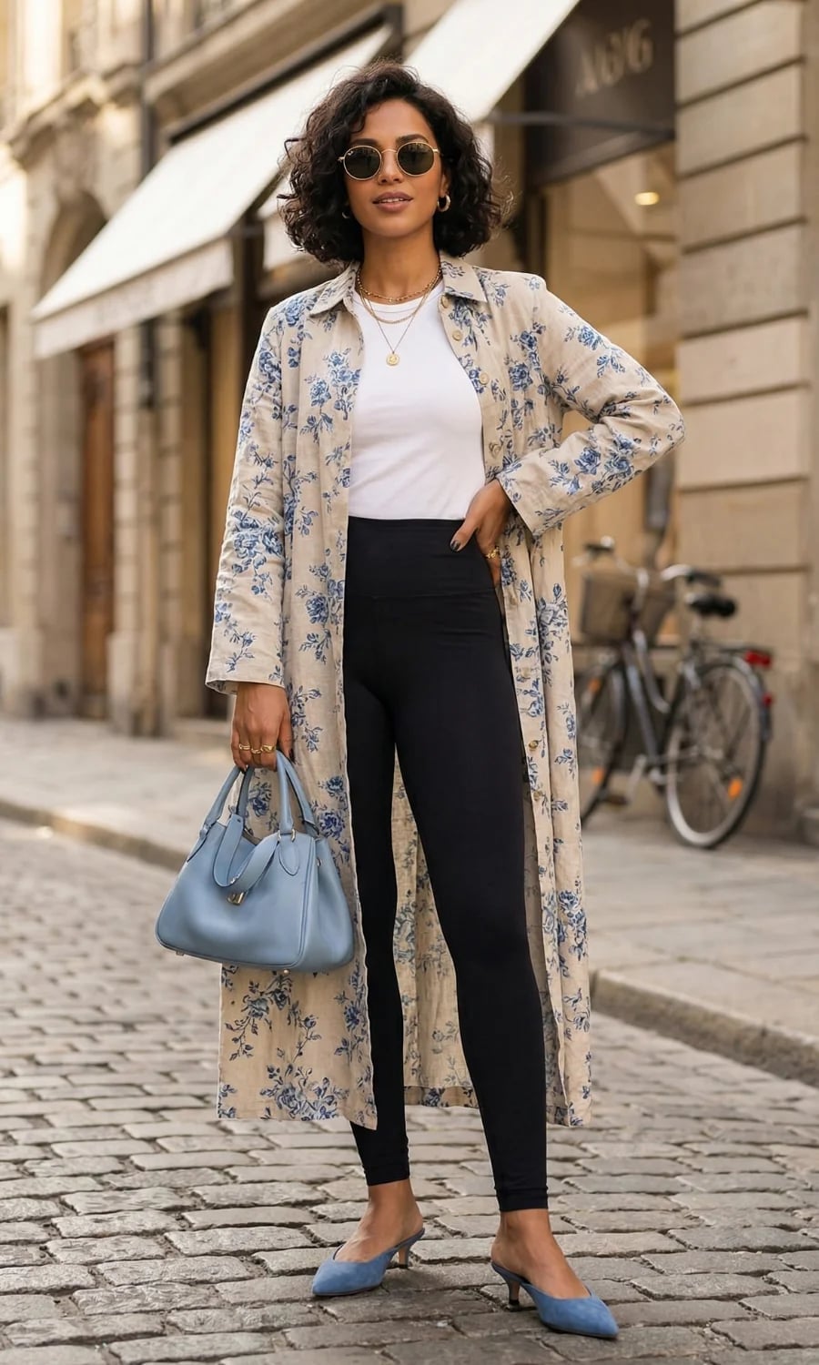Floral Duster Coat With Blue Mules and Slim Fit Leggings Floral Duster Coat With Blue Mules and Slim Fit Leggings — Simple Mules Outfits