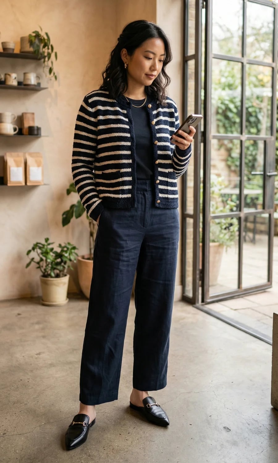 Linen Trousers And Striped Cardigan With Mules Linen Trousers And Striped Cardigan With Mules — Simple Mules Outfits