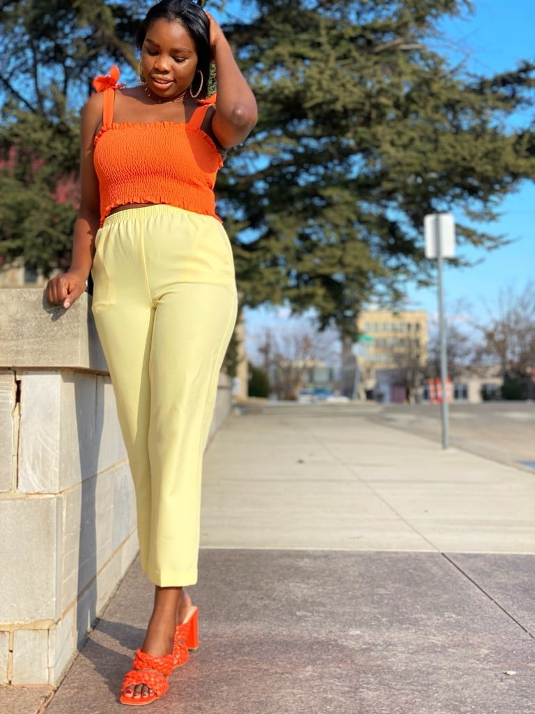 Wide-Leg Trousers With Orange Top And Mules, Close-Up Take Wide-Leg Trousers With Orange Top And Mules, Close-Up Take — Simple Mules Outfits