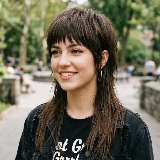 Dark Brown Wavy Mullet With Curtain Bangs — Simple Mullet Hairstyles