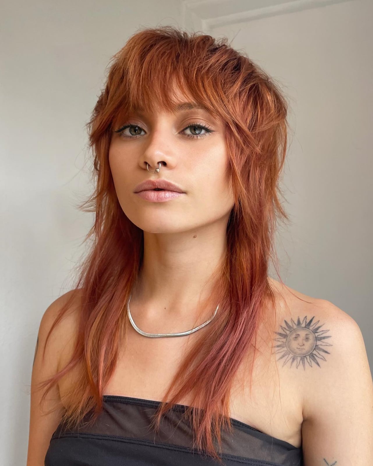 Mid-Back Copper Red Mullet With Full Bangs — Simple Mullet Hairstyles