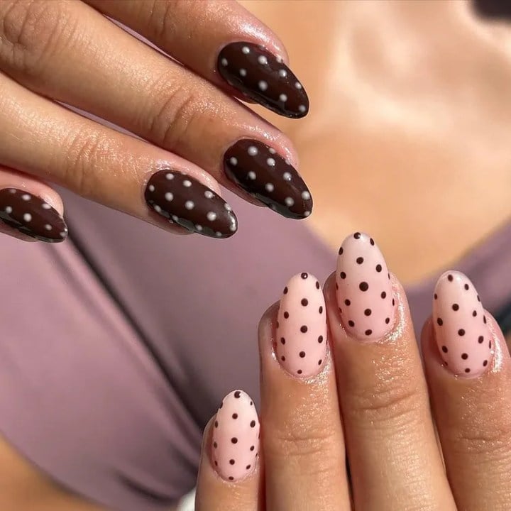 Medium Oval Pink Brown White Polka Dot Nails — Simple Nail Art Inspo