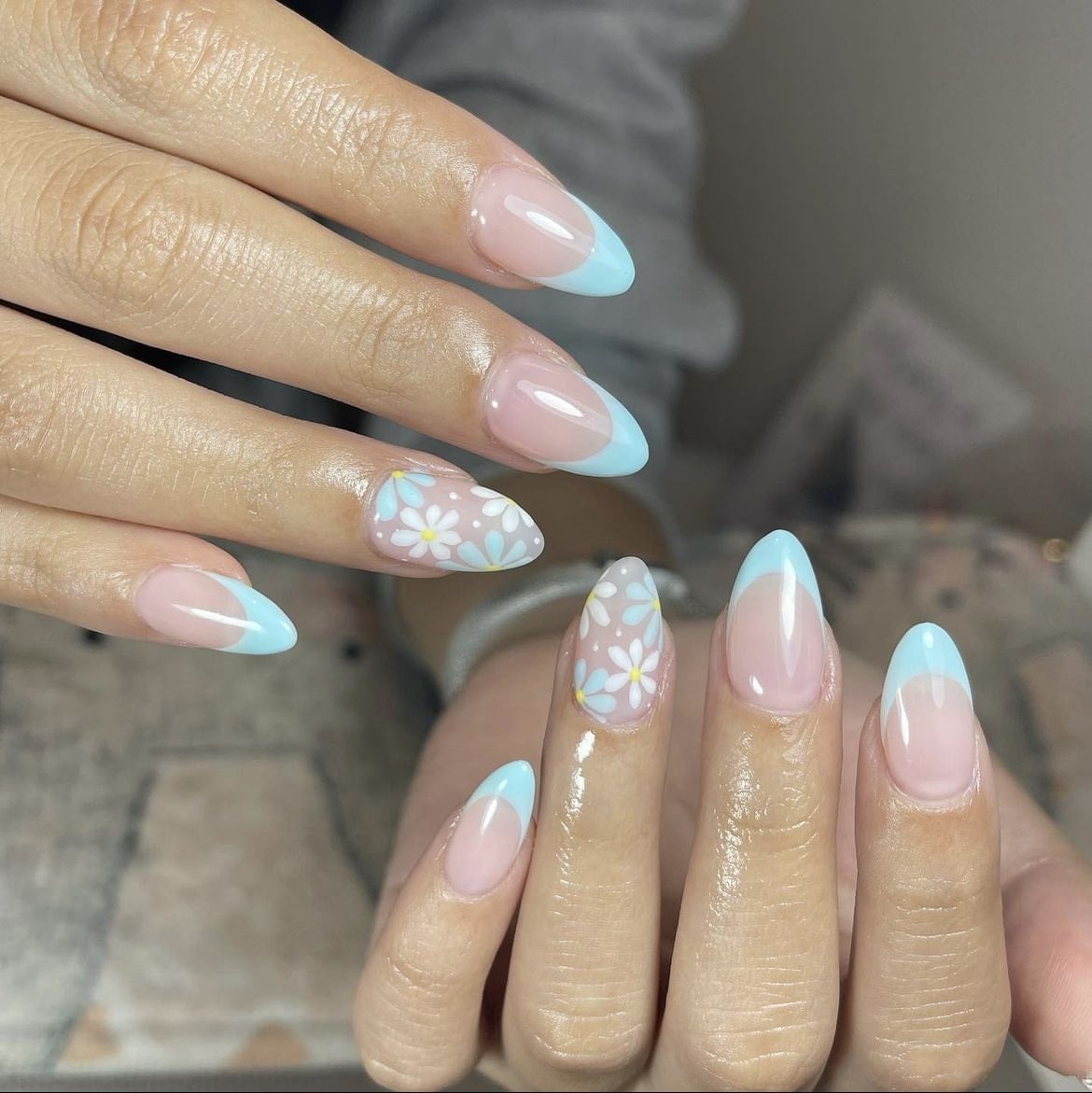 Medium Almond Nude Blue French Floral Nails — Simple Nail Art Inspo