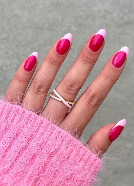 Medium Almond Nude Vibrant Pink French Nails — Simple Nail Art Inspo