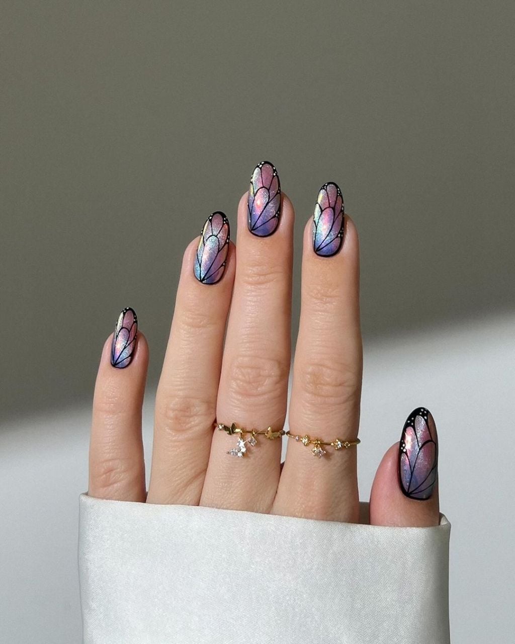 Long Oval Black Butterfly Wing Shimmer Nails — Simple Nail Art Inspo