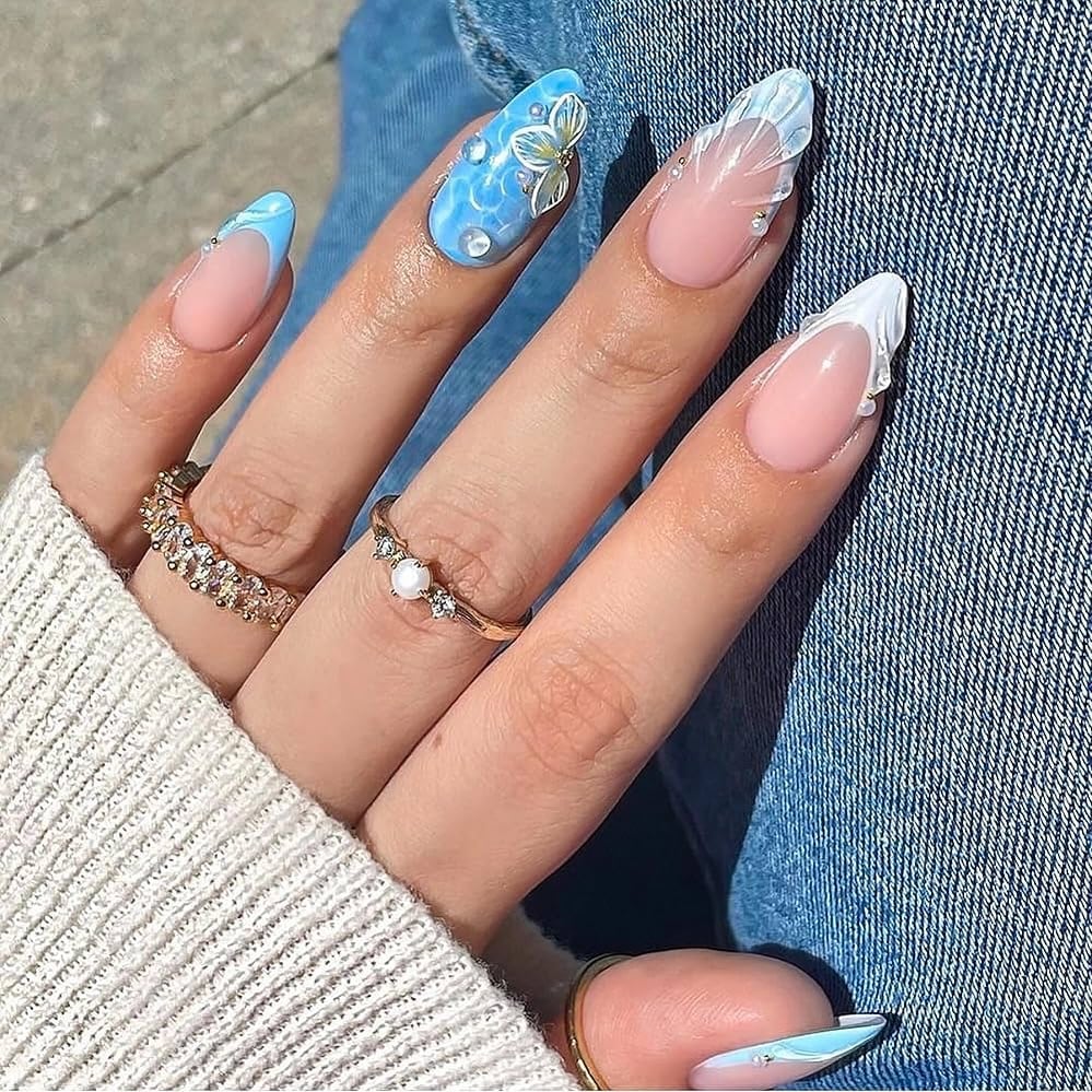 Medium Almond Abstract Blue White French Nails — Simple Nail Art Inspo