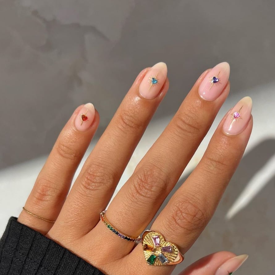 Medium Almond Nude Heart Gemstone Nails — Simple Nail Art Inspo