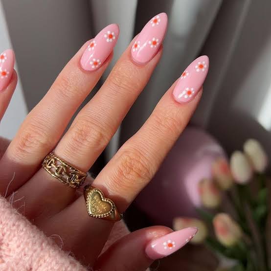 Long Almond Bright Pink White Flower Pattern Nails — Simple Nail Art Inspo