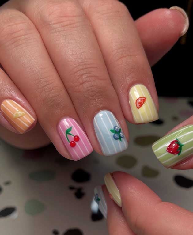 Short Almond Pastel Fruit Decal Nails — Simple Nail Art Inspo