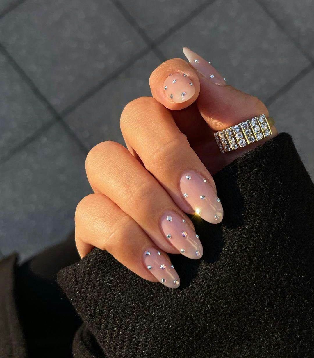 Sheer Nude Long Almond Rhinestones — Simple Nails Almond Inspo