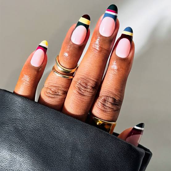 Pink Long Almond Multi-Color Stripe French — Simple Nails Almond Inspo