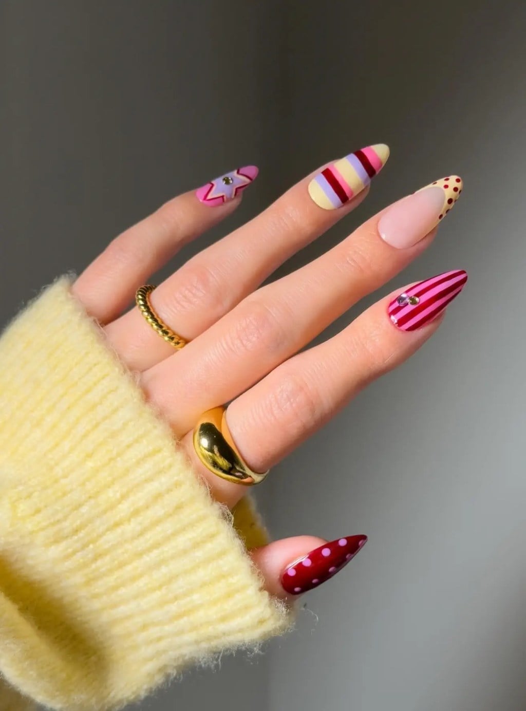 Long Almond Bold Stripes Polka Dots Star — Simple Nails Almond Inspo