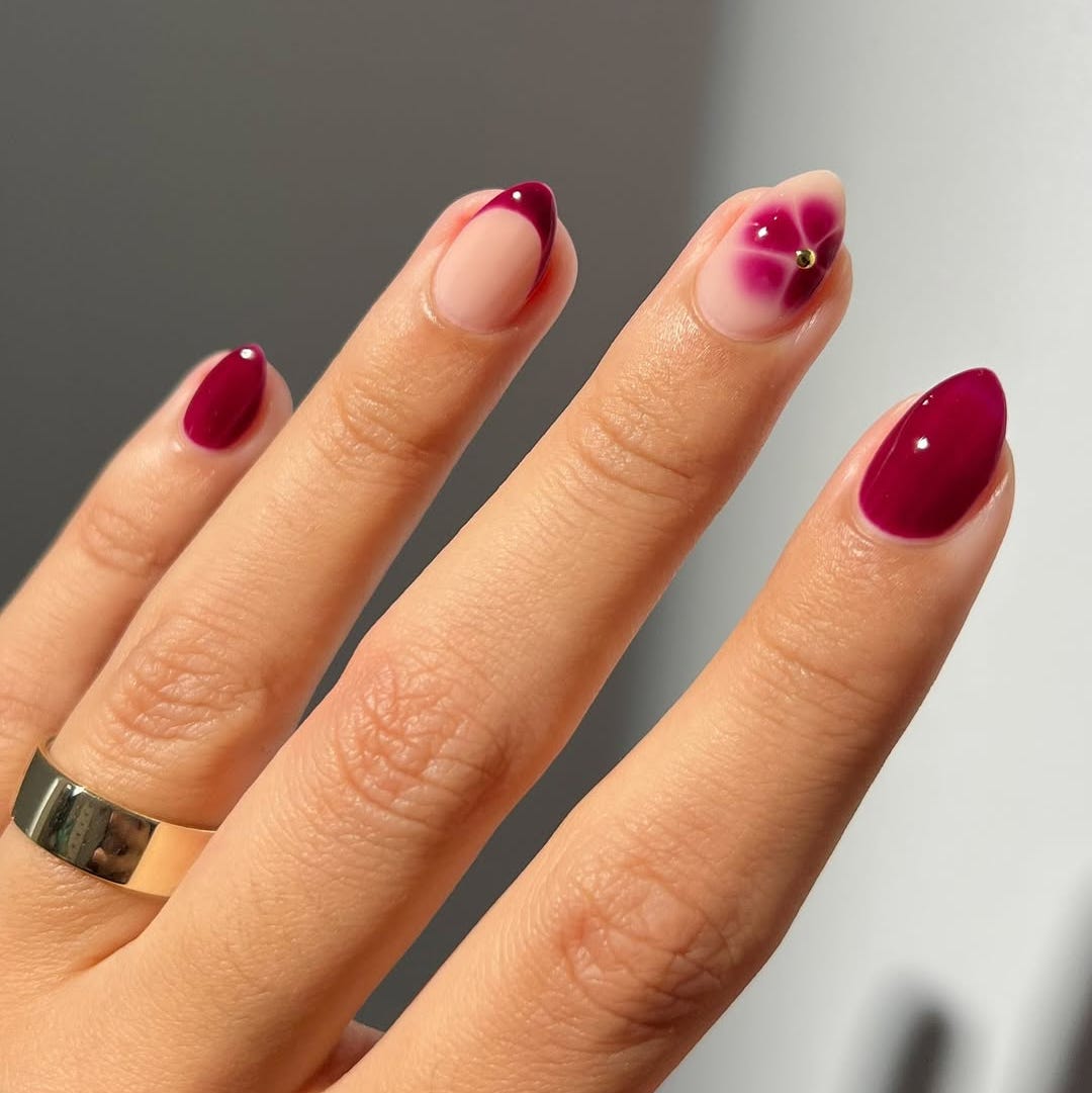 Medium Almond Pink 3D Metallic Flowers — Simple Nails Almond Inspo